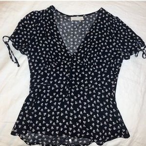 Black and white floral button up blouse